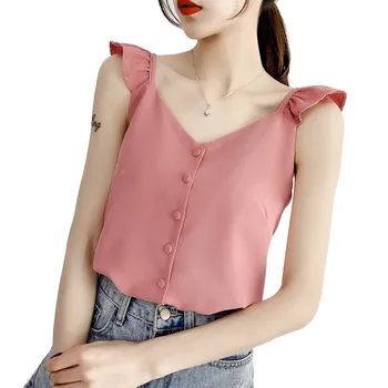 

Fashion Women Sleeveless Shirt Casual Blouse Summer Ruffles Chiffon Button Tank Top