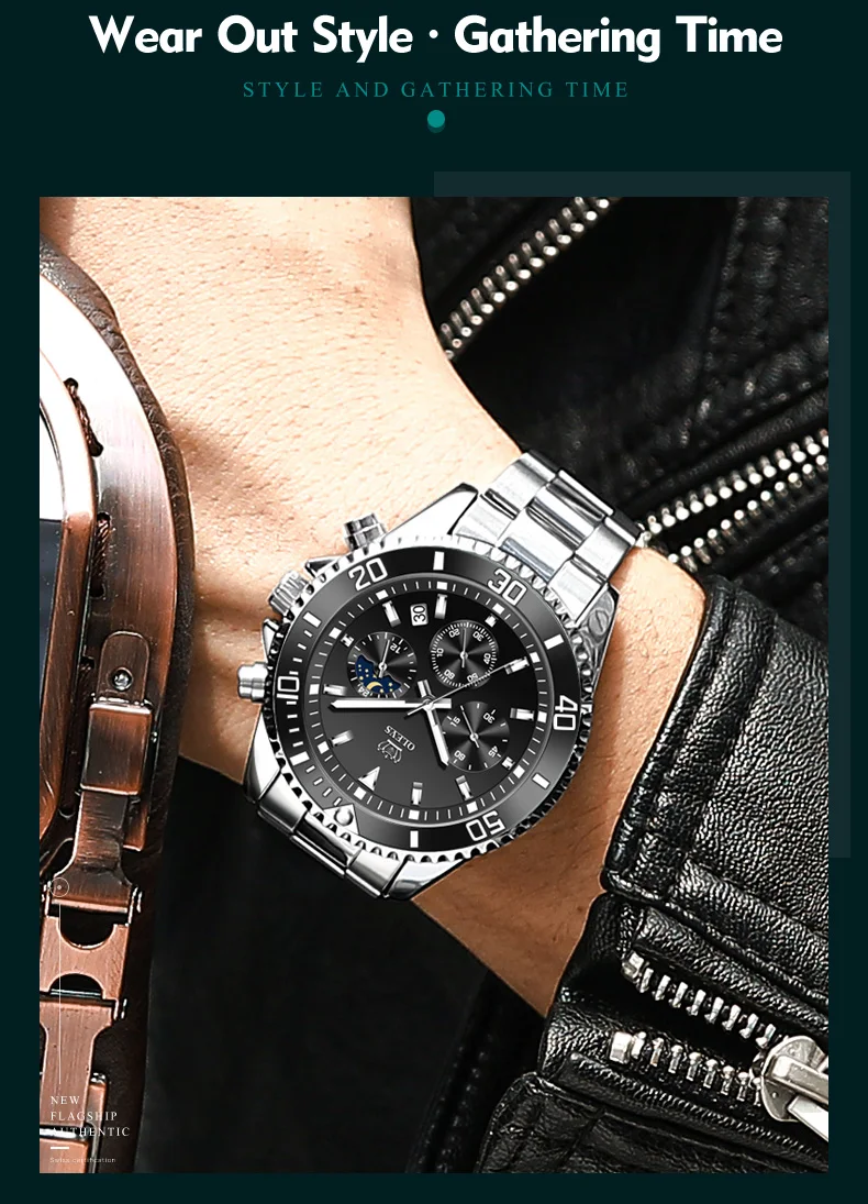 Swiss brand Olevs Green Waterproof Ghost Quartz Watch Moon Phase Waterproof Sports Chronograph Stainless Steel Wristwatch Male