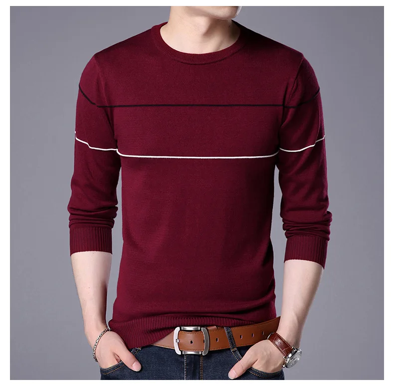 Мужская трикотажная одежда с круглым вырезом, мягкий облегающий свитер с круглым вырезом, контрастный цвет, в полоску, вязаный пуловер, свитер