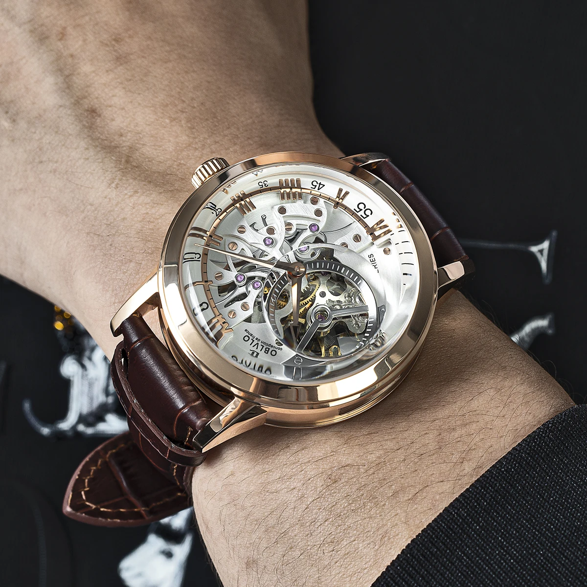 OBLVLO Retro Casual Uomo Scheletro Orologio automatico Meccanico Cinturino in pelle di vello Cristallo minerale Vetro Orologio impermeabile Quadrante 45mm VM  1511