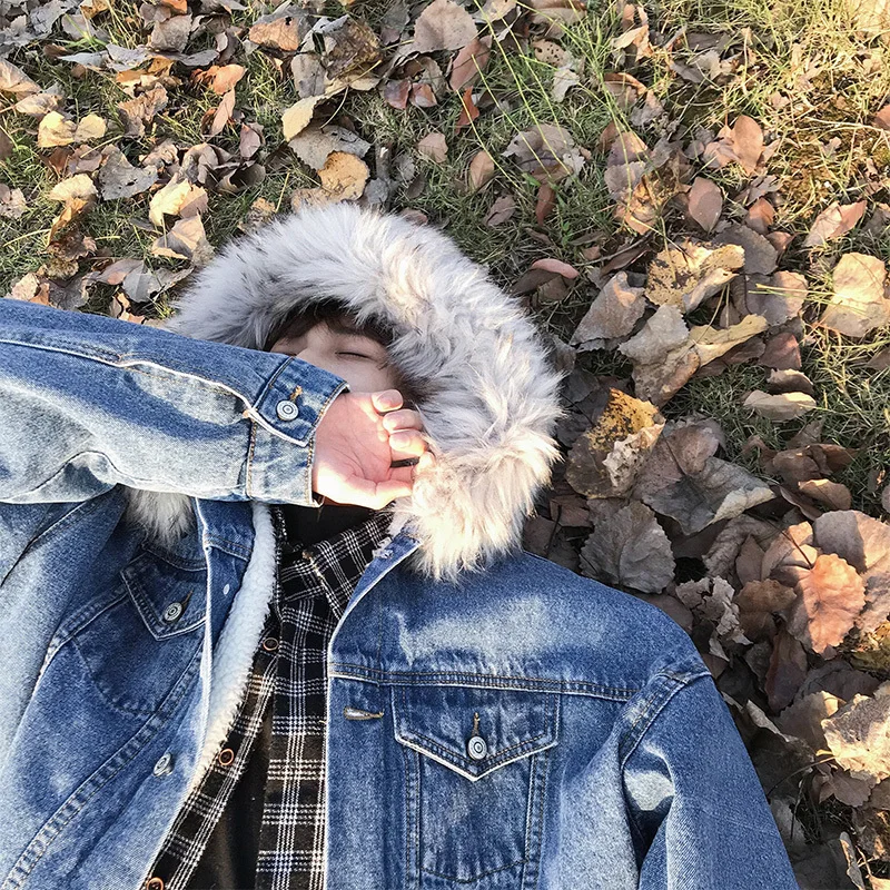 Liketkit мужские зимние джинсовые куртки с капюшоном 2019 одноцветные винтажные
