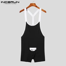 

INCERUN Men Pajamas Rompers Patchwork Sleeveless Sexy Sleepwear Suspenders Playsuits Men 2021 Hollow Out Jumpsuit Homewear S-5XL