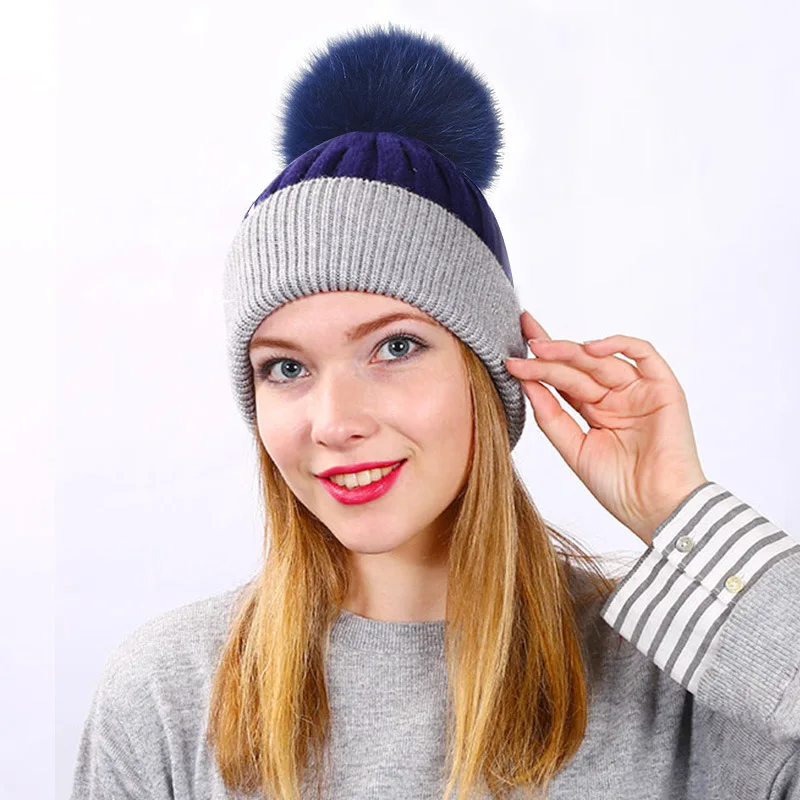 

Stitching wool knitted wool cap super large real fox wool ball cap Korean Chao autumn and winter hat to keep warm