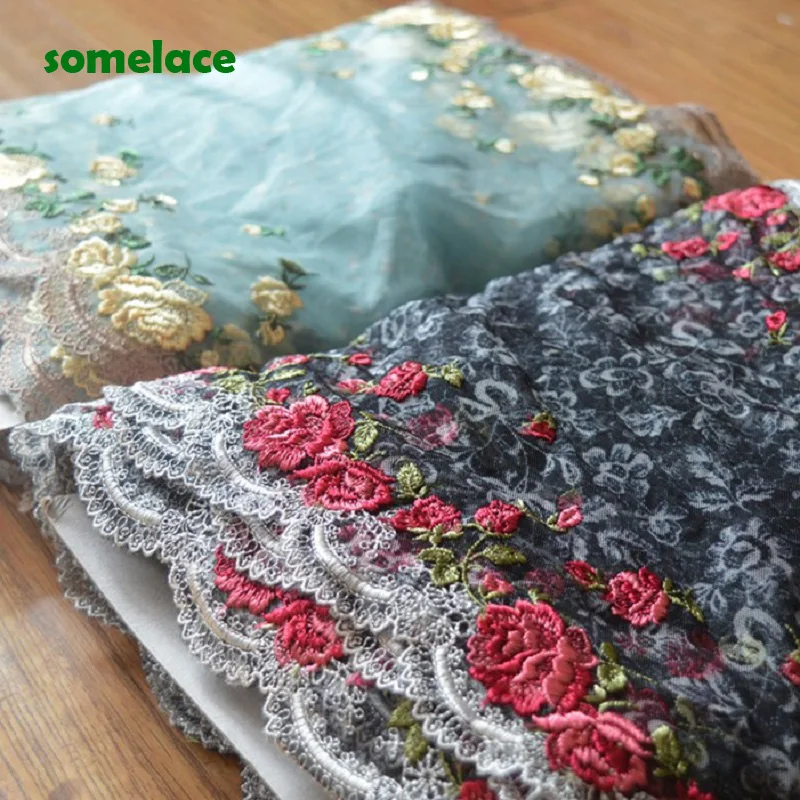 1Yd 30cm Black~Green Gazue Red~Gold Mirror Floral Embroidery Lace Trim For Garments And Wedding Decoration Free shipping | Дом и сад