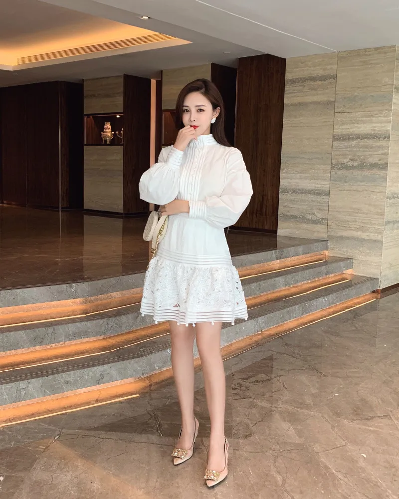 Spring Autumn Lace Patchwork OL Women Set Single Breasted Lantern Sleeve Shirt& High Waist Slim Mini Skirt Two Piece Set Female
