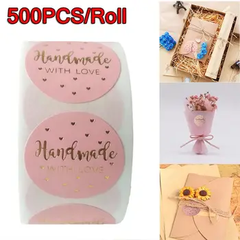 

500PCS /Roll Handmade Love Stickers with Gold Foil Pink Stickers for Company Giveaway Favors Labels & Birthday Party