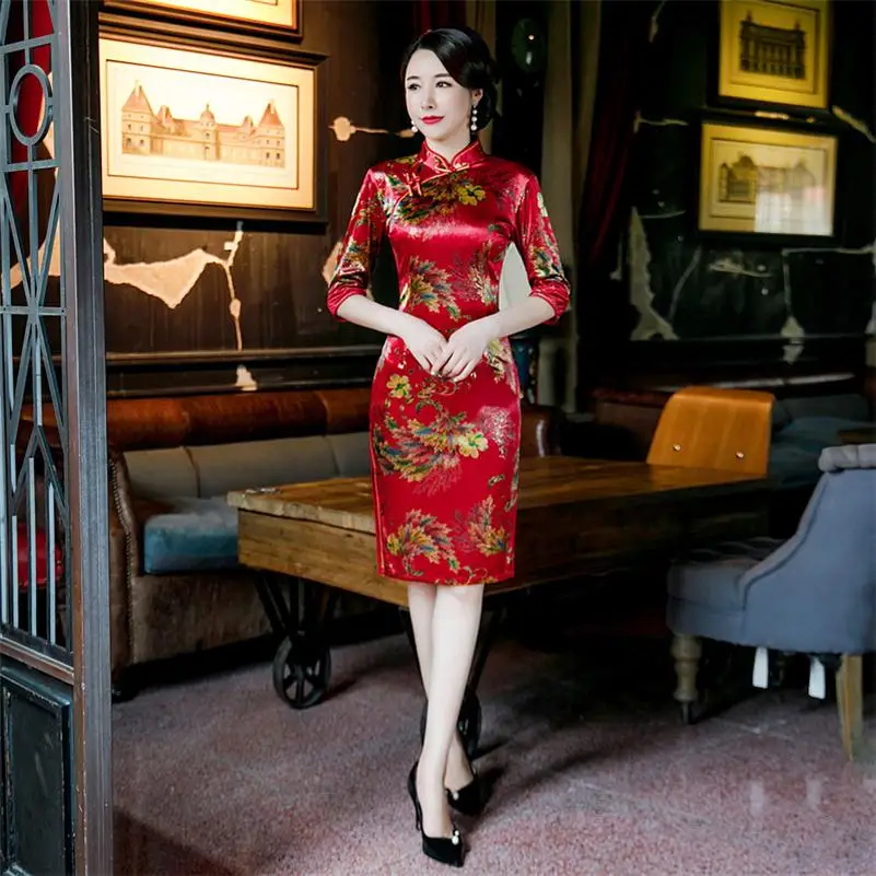 Традиционный, для китаянок платье Cheongsam тонкий сексуальный принт Ципао китайское свадебное платье Vestidos Размеры M-4XL