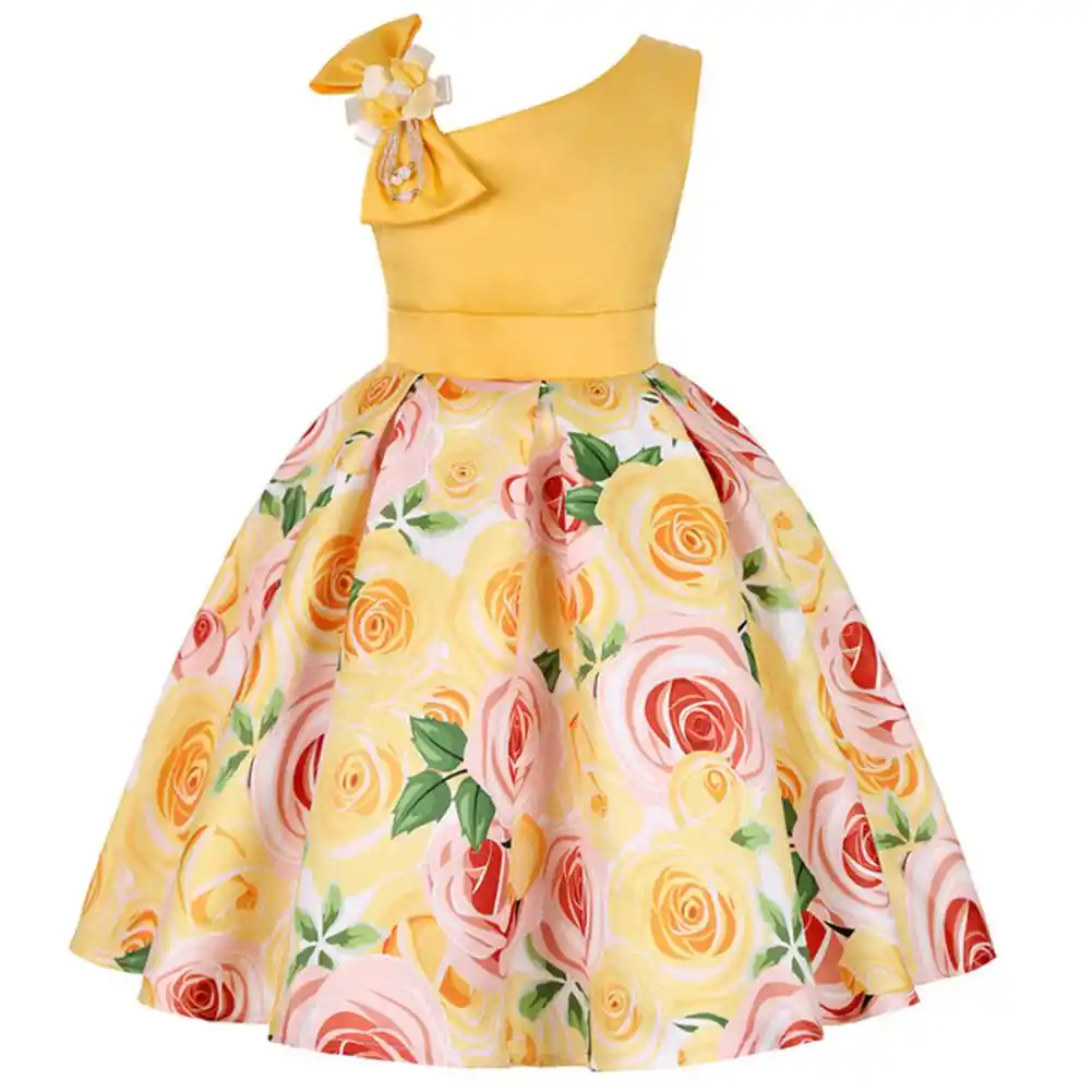 kids girls dress sleeveless off shoulder bowknot flower printing