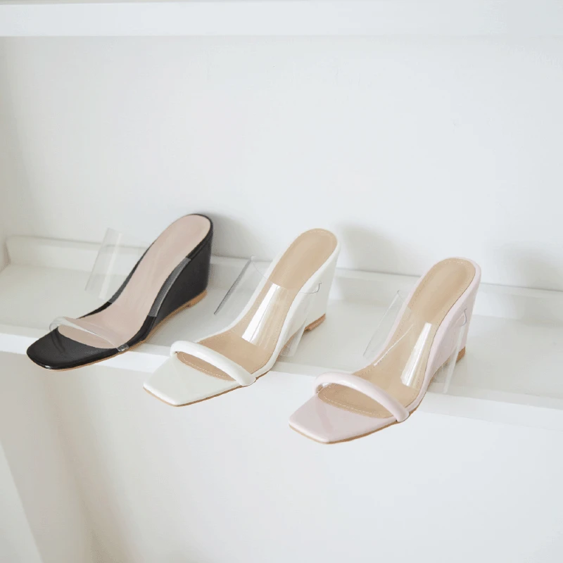 

2019 Summer New Style Outer Wear A- line with Slanted Heel Slippers Korean-style Fashion Transparent Sequin High Heel Slippers W