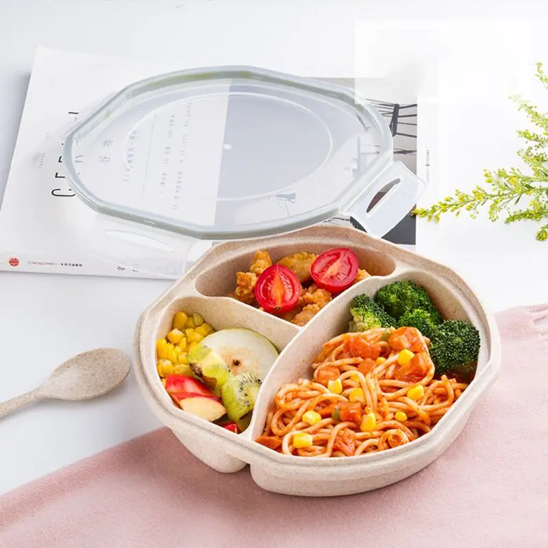 Круглая пшеничная соломенная коробка для ланча с ложкой Bento box креативная квадратная посуда