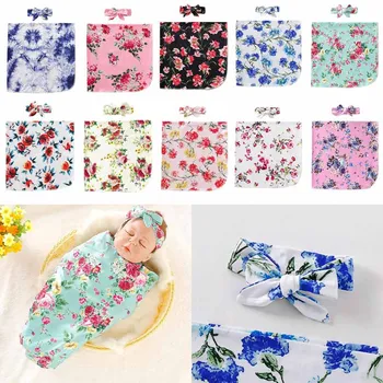 

2 Pcs/set Baby Kids Wrap Bath Towels Headband Set Newborn Infants Bow-knot Hair Band Printed Blanket