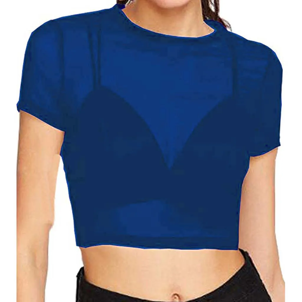 HOT Crop Top Sexy T Shirt Fashion Womens Tank Underwear Shor t Sleeve Sheer Mesh Streetwear Tees Slim Mesh See-Through Transpare