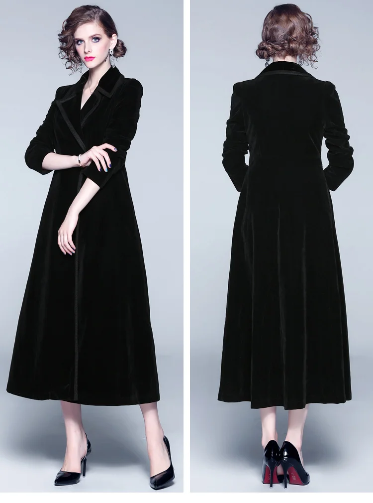 New Winter Runway Designer Women Vintage Notched Collar Wrap Black Velvet Maxi Coat Thick Warm Long Trench Coat Outwear