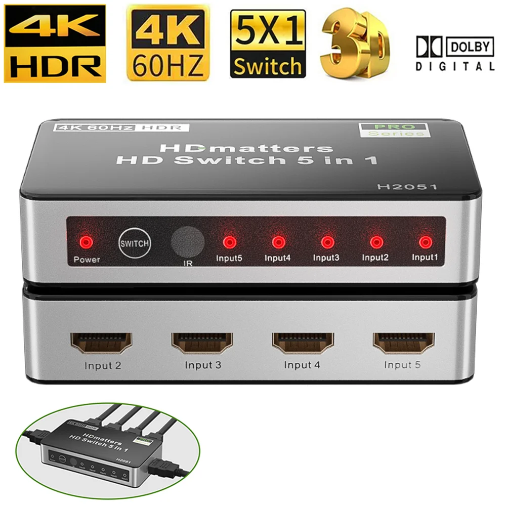 Hdmi 2 0 switch 4k 60hz 5 port hdr hdmi switcher 5 in 1 out 18gbps auto switching 5x1 hdcp 2 2 