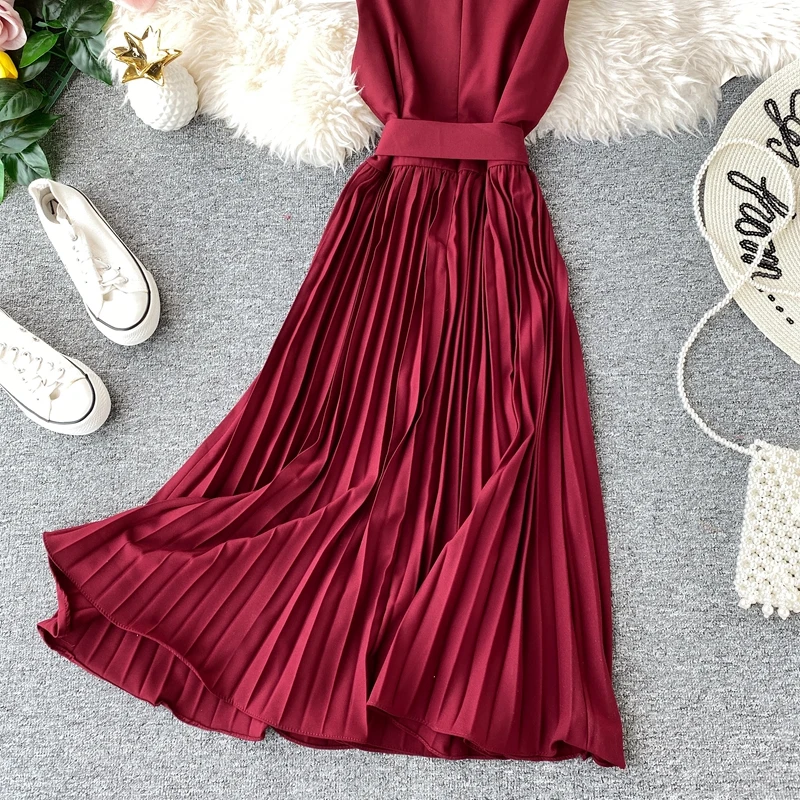ALPHALMODA элегантное плиссированное платье без рукавов, весна, двубортное Ретро тонкое женское модное винтажное платье с поясом