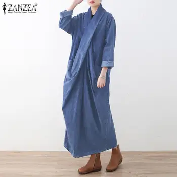 

ZANZEA Plus Size Women Long Maxi Dress 2020 Winter Ladies Casual Solid Long Sleeve Vestidos Party Evening Sundress Robe Femme