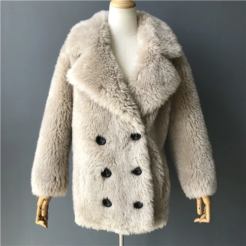 Beige Женское зимнее пальто из натуральной шерсти, мягкое теплое пальто из натурального меха, Новое поступление, Женское пальто из натурального овечьего меха - Цвет: Beige