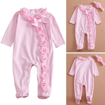 

Girl Bowknot Lace Flower Baby Romper Set With Headband Breathable Comfortable Daily Wear Casual Lightweight Long Sleeve Cute