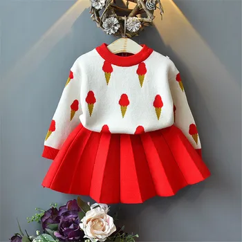 

Autumn Winter Children Set Icecream Print Sweaters+Knitted Pleated Skirt Baby Girls 2Pcs Clothing Korean Style Christmas Costume