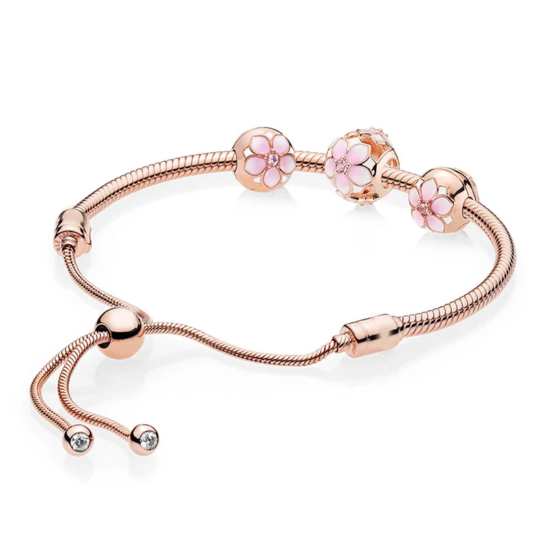 New Real 925 Sterling Silver Rose Magnolia Bracelet Gift Set Fit European Charms Diy Jewelry