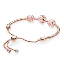 New Real 925 Sterling Silver Rose Magnolia Bracelet Gift Set Fit European Charms Diy Jewelry