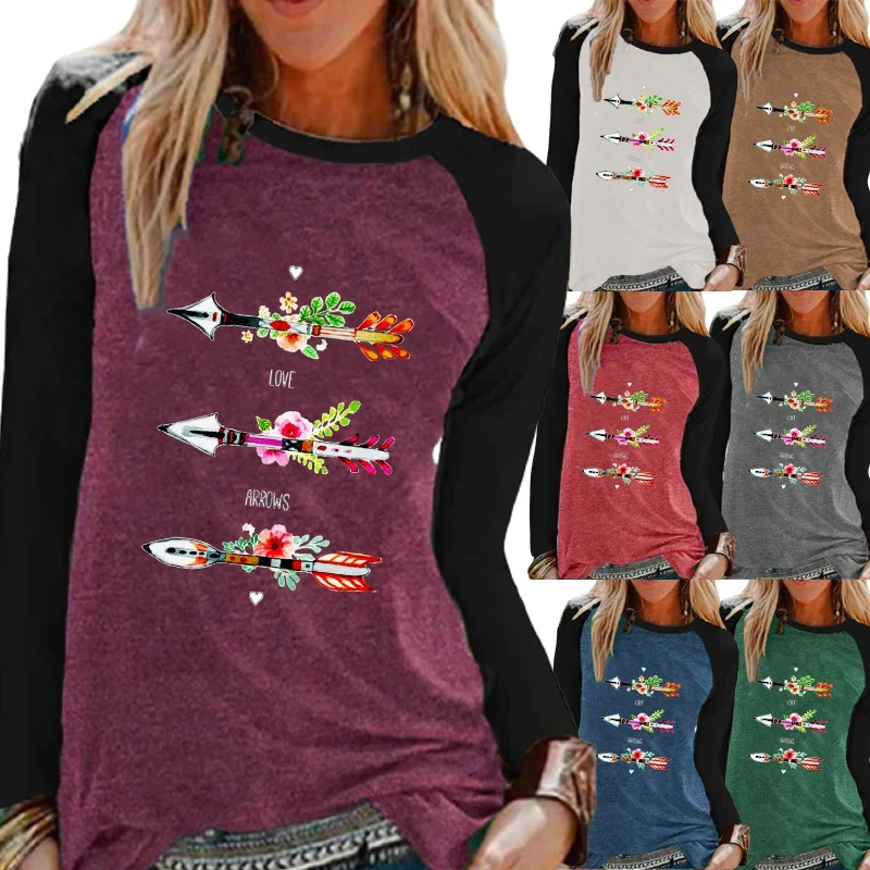 

Женская Осенняя Модная Повседневная рубашка с длинным рукавом, свободная футболка с круглым вырезом и принтом в виде стрелок, пуловер, свитшот, размера плюс