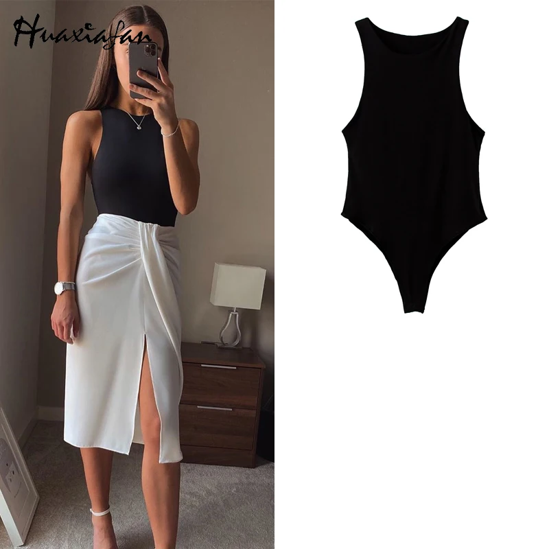 

Huaxiafan Crop Tops sexy round neck shapewear bodysuit female Casual Solid Slim Bodysuit jumpsuit 2020 spring summer bodycon