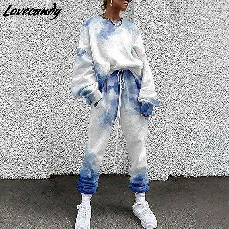 sexy pant suit Women Tie Dye Print Tracksuits Two Piece Set 2022 Spring Female Fashion Casual Long Sleeve Pullovers And High Waist Pants Suits pant suits for older ladies