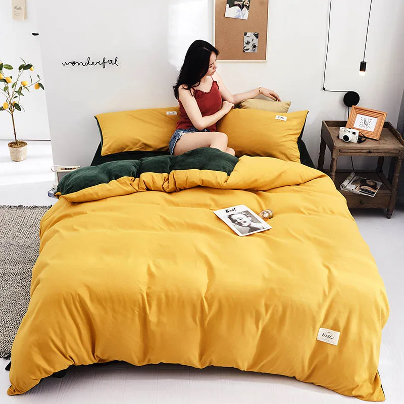3pcs/4pcs Winter Warm Solid Color Yellow Grey Bedding Set Bed Sheet Quilt Cover and Pillowcases Set