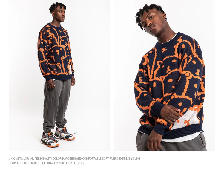 Original Trend Cartoon Cubs Knit Men / Women Loose Lazy Style Orange Sweaters Streetwear Personality Couples Knits