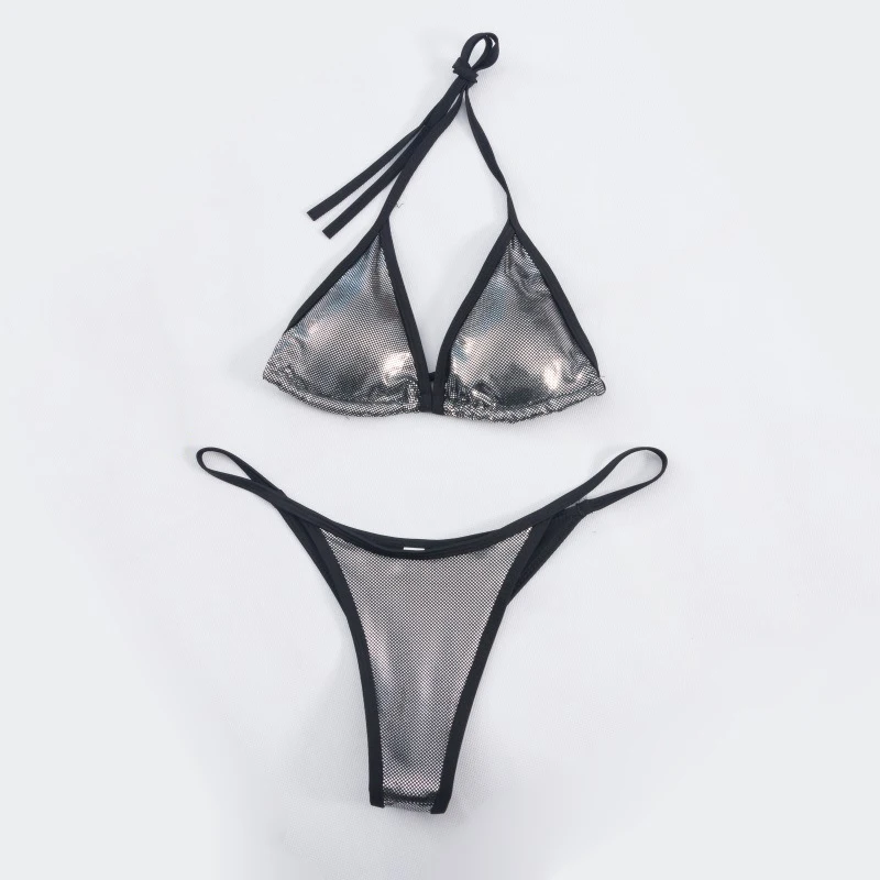 

Holographic Bikini Set Sexy Halter Back Bandage Low Neckline Bra Crop Top High Cut Hot Panties Seaside Beachwear Biquini Sets