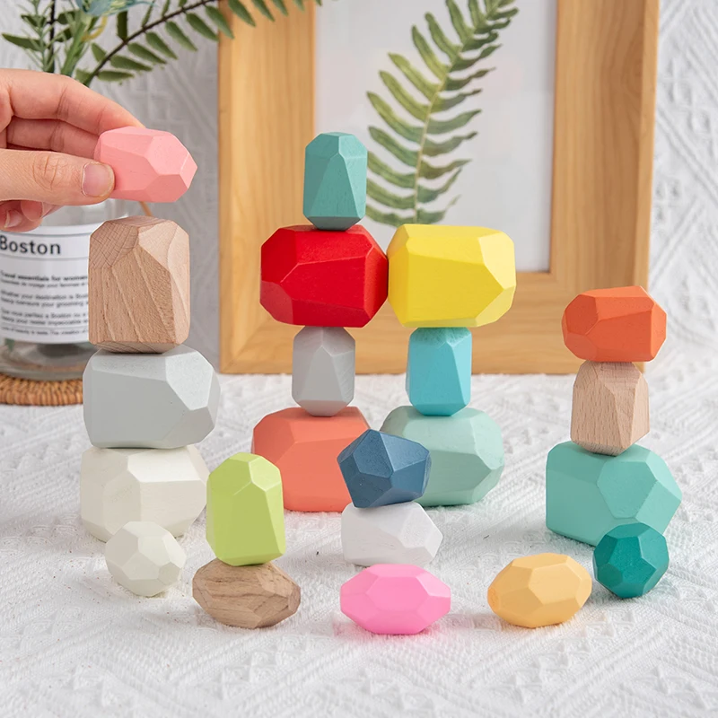 

Baby Toy Wooden Jenga Building Block Colored Stone Creative Educational Toys Nordic Style Stacking Game Rainbow Stone Wooden Toy