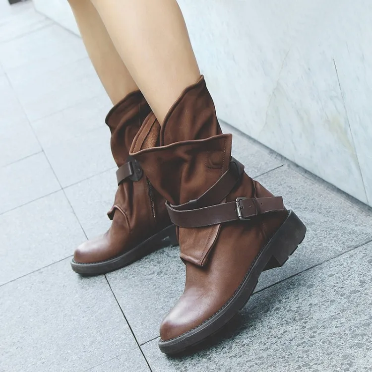 Women Fashion Vintage Mid Calf Boots Soft Leather Shoes Female Autumn Winter Motorcycle Boots Comfortable Women Botas 362