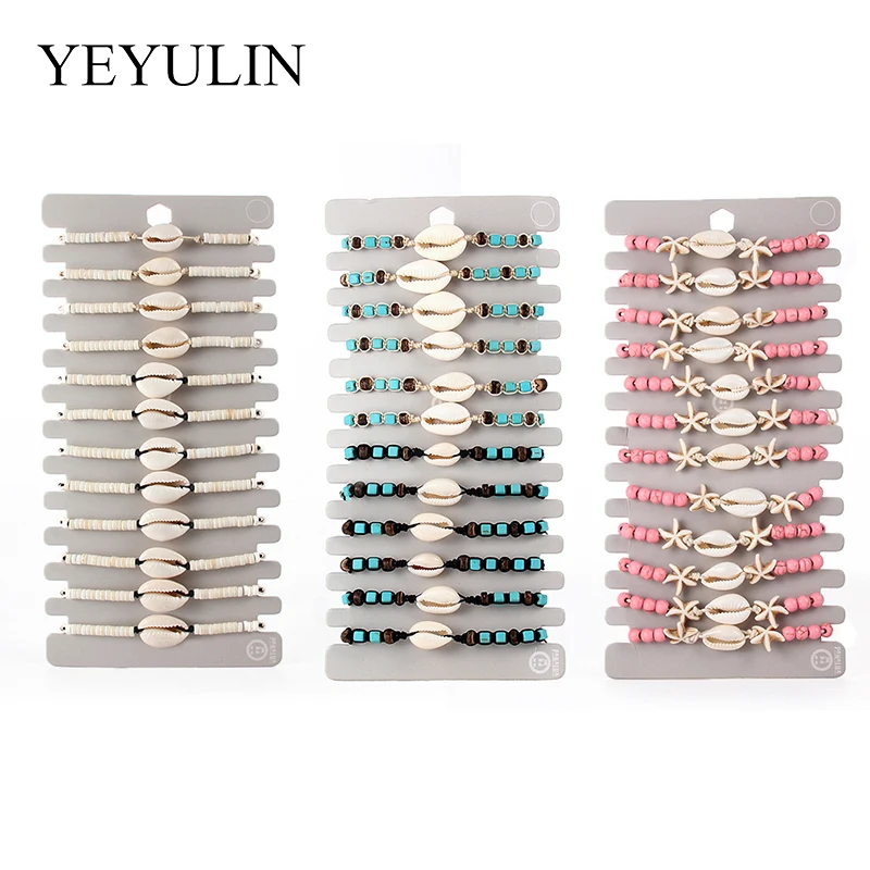 Bohemian Shell Charms Braided Bracelet For Women Child Crystal Bead Adjustable Rope Chain Anklet Jewelry 12pcs/lot