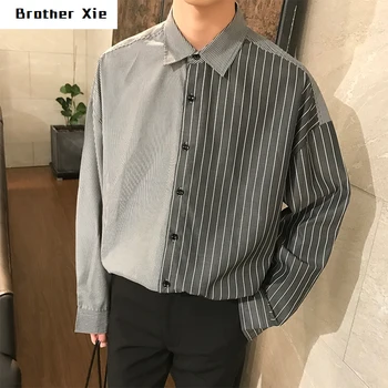 

Flash sale Korean Summer Neutral Style Concise Irregularity Stylish Split Joint Stripe Loose Shirt Men Male Brand Fashion Shirts