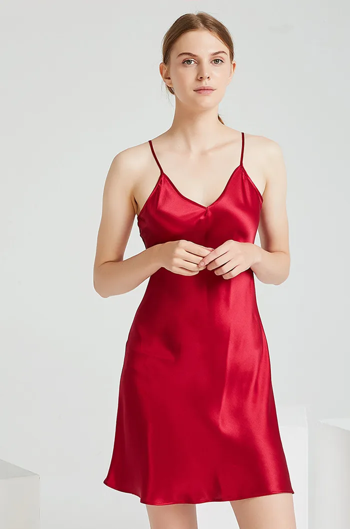 Модная Тяжелая шелковая ночная рубашка шелковая мягкая летняя ночная рубашка сексуальная базовая юбка - Color: Wine red