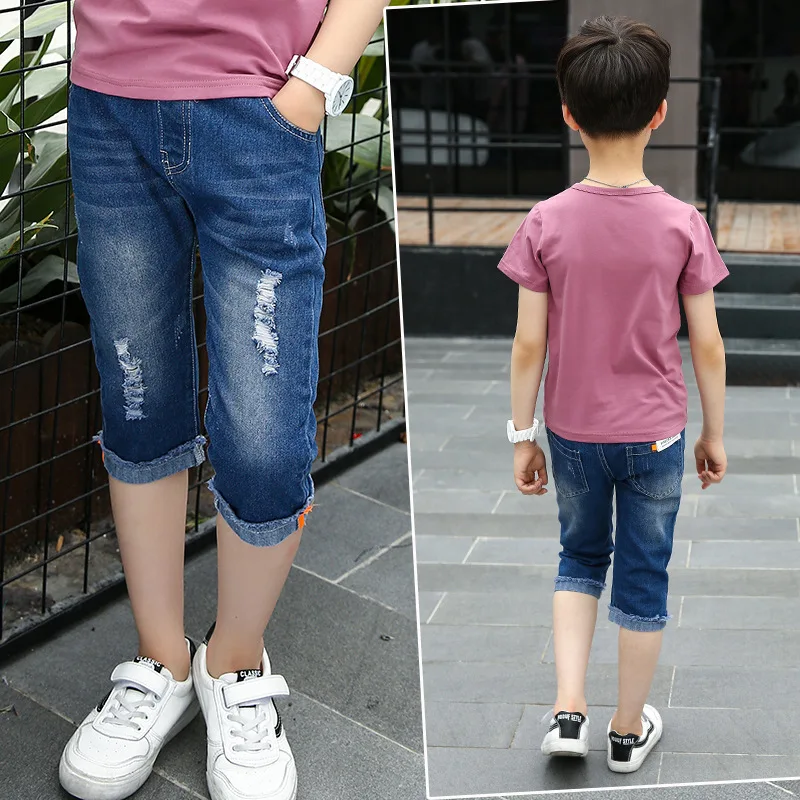 Детская одежда, брюки для мальчиков г., Летний Стиль, корейский стиль, модные детские летние ковбойские Капри с дырками для больших мальчиков