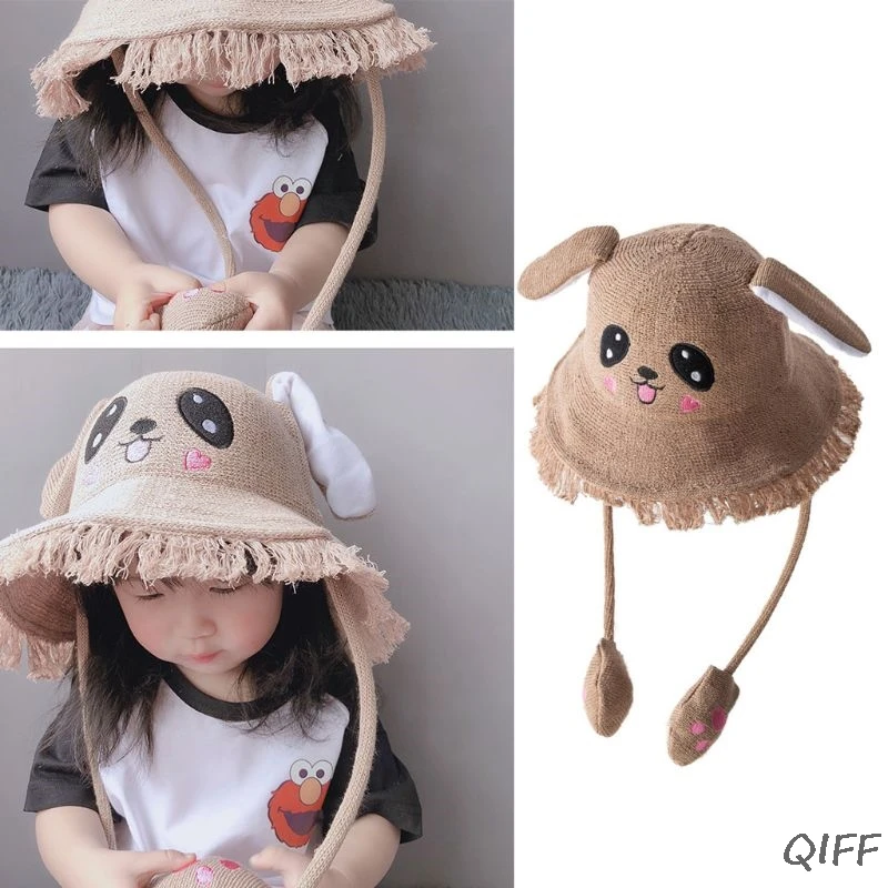 Children Kids Cute Rabbit Ears Animal Bucket Hat Toddler Sun Protection Wide Brim Tassels Funny Moving Airbag Knitted Beanie Cap