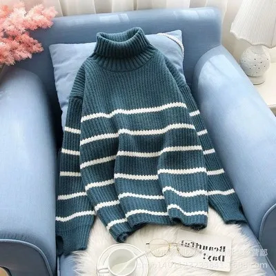 HF19346 Blue H.SA Women Casual Winter Turtleneck Pullover and Sweaters Striped Knit Jumpers Cashmere Sweater Warm Pull Femme casaco feminino - Цвет: HF19346 Blue