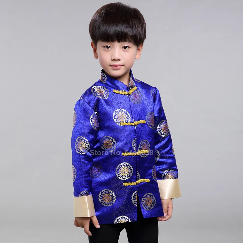 Новогодняя куртка в китайском стиле традиционный винтажный костюм для мальчиков с принтом дракона детская атласная рубашка для кунг-фу, одежда с длинными рукавами Hanfu