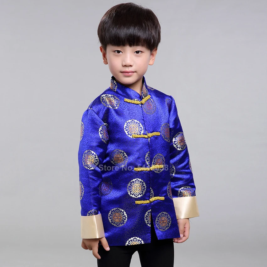 Chinese New Year Jacket Dragon Print Boys Traditional Vintage Tang Suit Kids Satin Kungfu Shirt Full Sleeve Hanfu Clothing