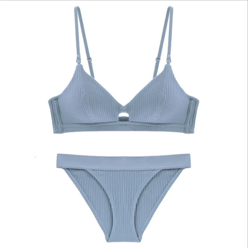 Sexy Underwear Cotton Set Screw Thread Thin Wireless Bra With Removable Straps Padded Girls Bra Thong Set Lingerie Women - Цвет: gray blue