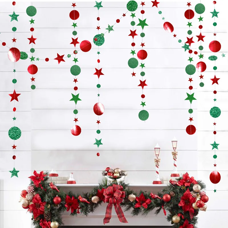 

4M Red Green Glitter Mirror Surface Polka Dots Paper Garland Star Banner for Home Party Christmas Decoration Wedding Supplies