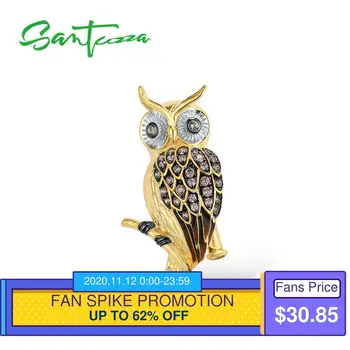 

SANTUZZA Silver Brooch for Women Authentic 925 Sterling Silver Lovely Brown Owl Bird Animal Fashion Jewelry Handmade Enamel