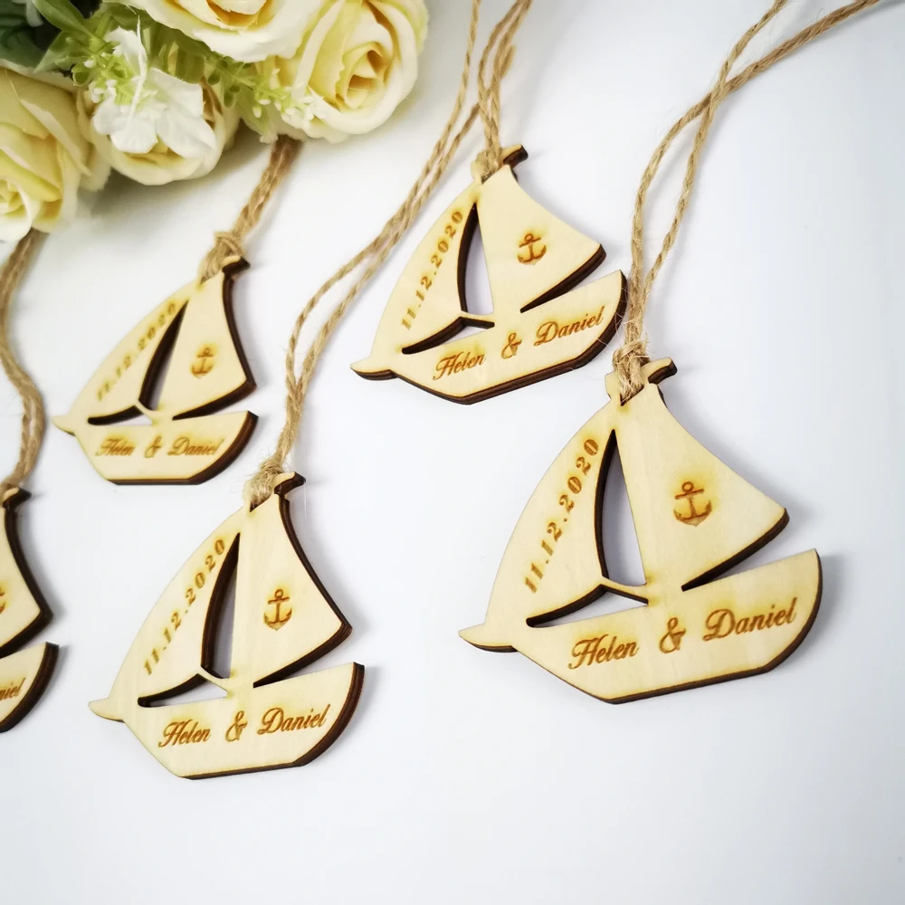 Personalized Engraved Wood Hanger Sailboat Wedding Centerpieces Table Decoration Favors Customized Candy Tags Name Date