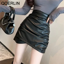 

QOERLIN New Fall Winter Pleated Irregular High Waist Skirt Skinny Sheath Leather Short Mini Coffee Skirt Sexy Black Saia Mujer