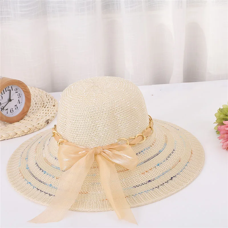 light beige Женская шляпа от солнца с цепочкой, украшенная бантом, с широкими полями, пляжная кепка для лета, на открытом воздухе NOV99 - Цвет: light beige