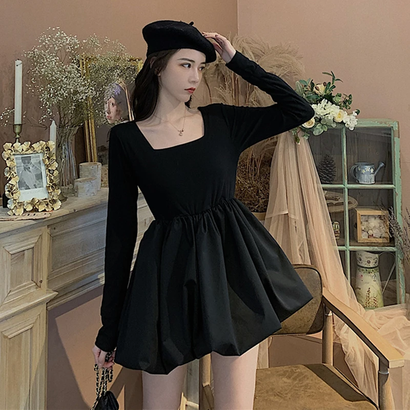 Винтажное платье-пачка Kawaii, женское весеннее мини-платье с квадратным воротником белого и черного цвета, японские элегантные плиссированные вечерние платья Vestidos
