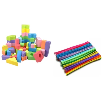 

300Pcs Chenille for Kids Colorful Pipe Cleaner Toys & 1set Eva Foam Blocks Efor Children Software Construction