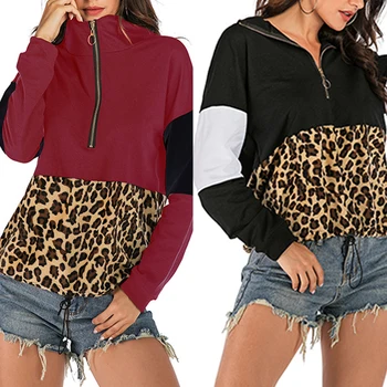 

Leopard Print Pullover Sweatshirt Color Block Hoodie Poleron Mujer 2019 Half Zip Hoodie Patchwork Clothes Women Hipster Hoodie